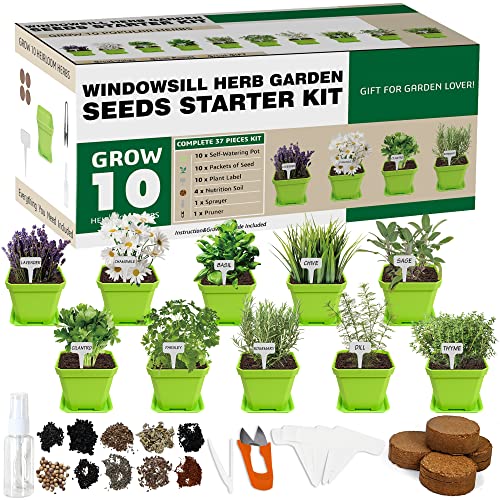 10 Herb Seeds Garden Starter Grow Kit with Green Pots, Markers, Nut...