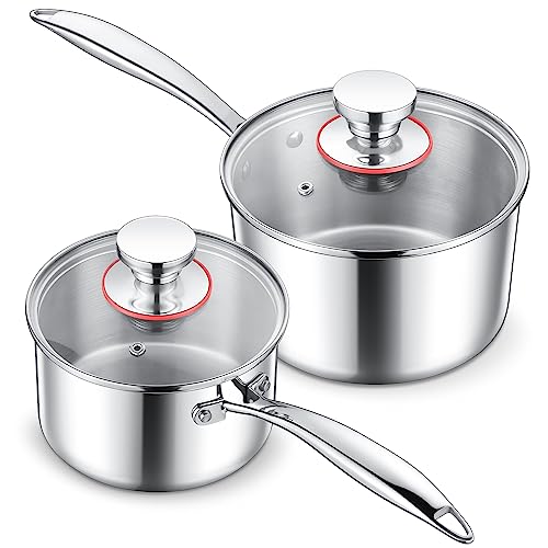1Qt & 2 Qt Saucepan with Lid Set, E-far Triply 18 10 Stainless Stee...