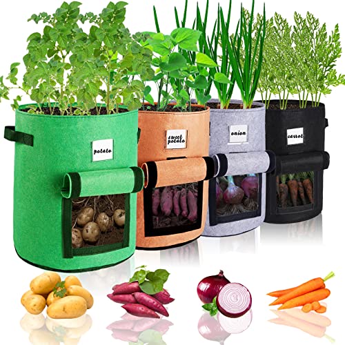 4 Pack 10 Gallon Potato Grow Bags with Flap, Thick Fabric Planting ...