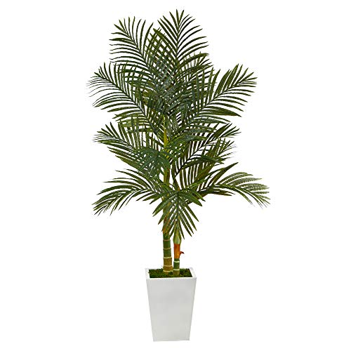 5.5ft. Golden Cane Artificial Palm Tree in White Metal Planter...