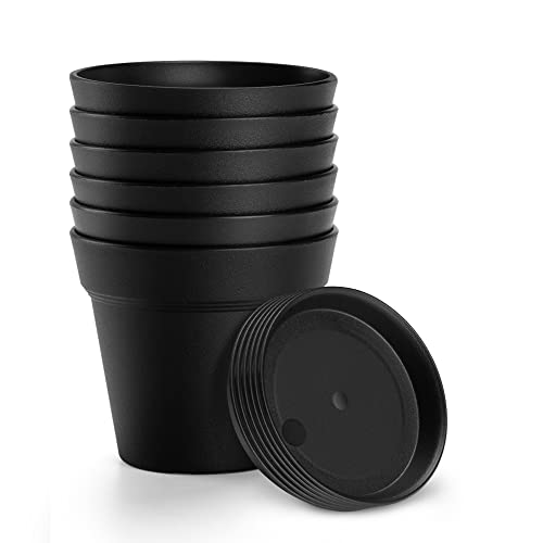 6 Pack Plastic Plant Pots with Drainage Holes and Tray, 4 inch Thic...