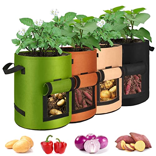 BEAUTYFLOWER 4 Packs 10 Gallon Grow Bags,Garden Planter Pot with Ha...