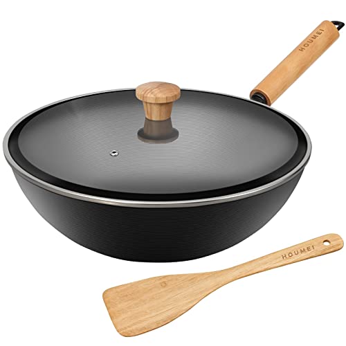 Carbon Steel Wok Pot with Lid, Nonstick Stir Frying Pan with Flat B...