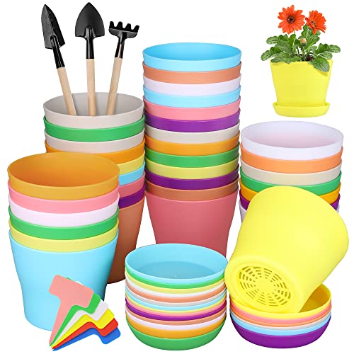 Hahood 36 Pack 4 Inch Plastic Plant Pots with Saucers Colorful Flow...