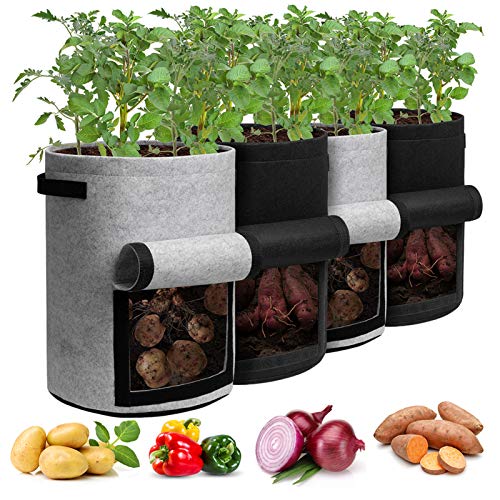 Homyhoo Potato Grow Bags with Flap 10 Gallon, 4 Pack Planter Pot wi...