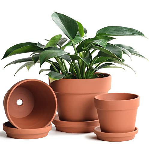 INGOFIN Terracotta Pots Set with Saucer - 5 6 7 inch Ceramic Clay P...