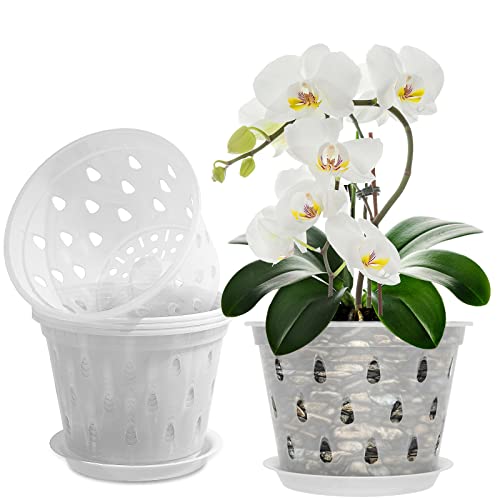 Kecio 4 Pack Orchid Pots with Holes and Saucers, 7 Inch Clear Plast...