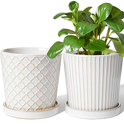LE TAUCI Embossed Ceramic Plant Pots, Set of 2, 5.4 Inch Flower Pot...