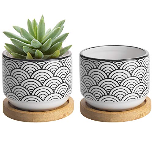 MyGift 3-inch Japanese Wave Style Black & White Ceramic Planter wit...