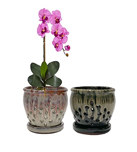 Orchid Pots with Holes 4.33 inch Ceramic Orchid Planter White and B...