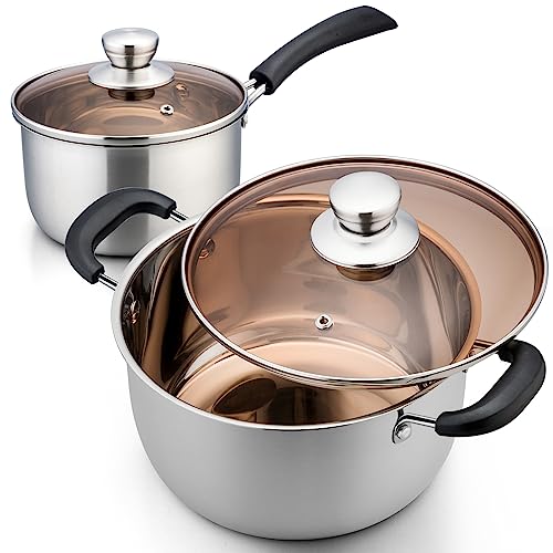 P&P CHEF 2QT Saucepan & 4QT Stockpot Set, Stainless Steel Cooking S...