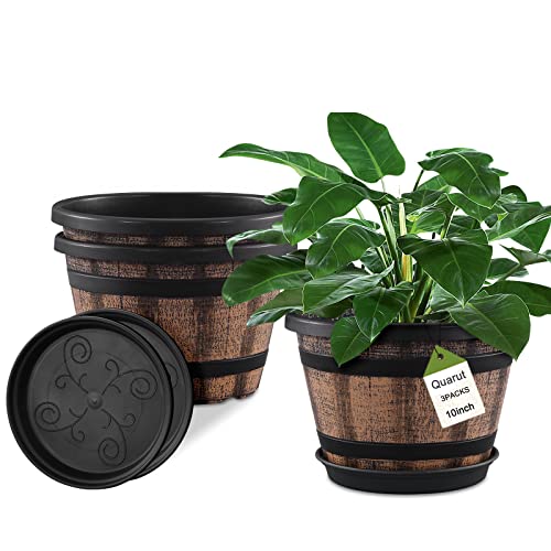 Plant Pots Set of 3 Pack 10 inch,Whiskey Barrel Planters with Drain...