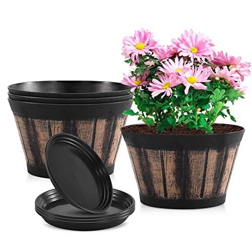 Plant Pots Set of 4 Pack 8 inch.Whiskey Barrel Planters with Draina...