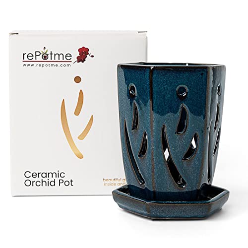rePotme Orchid Pot, 4 x 6 inch Hexagon Ceramic Orchid Pot with Hole...