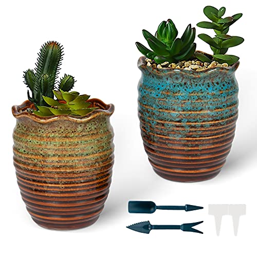 Siyzda 2 Pack Ceramic Plant Pots - 5 Inch Flower Pots with Drainage...