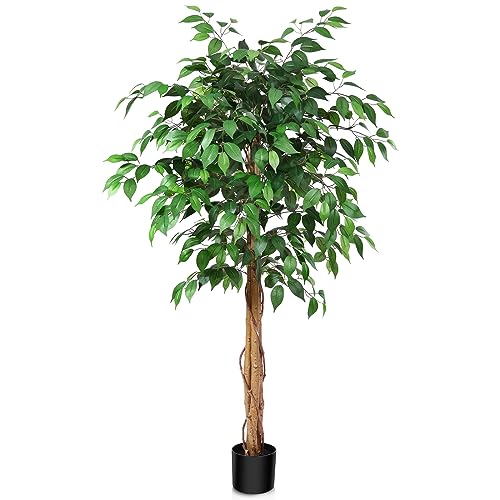 SOGUYI 5ft Ficus Artificial Trees with Realistic Leaves and Trunk, ...