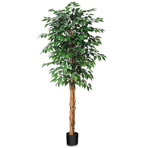 SOGUYI 6ft Artificial Ficus Tree with Natural Wood Trunk, Silk Fake...