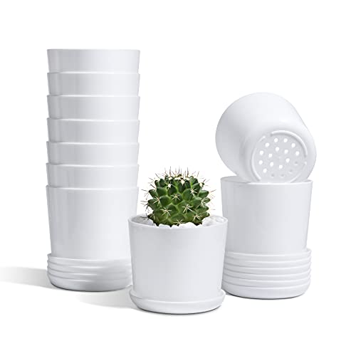 T4U 4 Inch Plastic Planters with Saucer Set of 10, White Plant Pots...