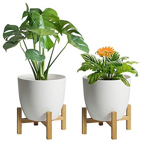 T4U 7 Inch Self Watering Planter with Bamboo Stand Set of 2, Plasti...
