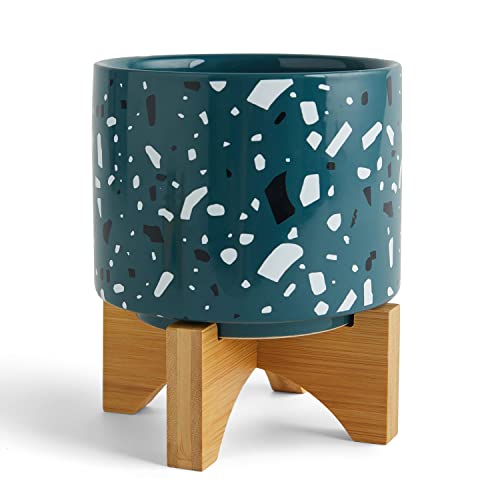 TENGSAN Ceramic Planter Pot with Bamboo Stand, 5.1 Inch Cute Cerami...