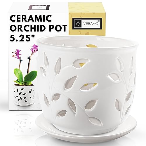 VEBAVO Orchid Pot Ceramic 5.25 inch, Healthy Air Circulation and Dr...