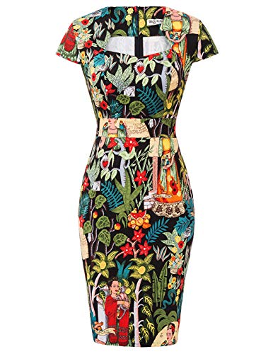 Women s 50s Vintage Printed Leaves Pencil Dress Cap Sleeve Wiggle D...