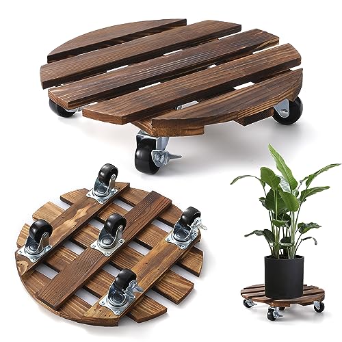 ZXZYHFTY Round Wooden Plant Stand with Wheels, 2 Packs Rolling Plan...