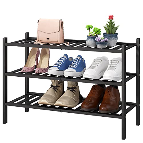 3-Tier Black Bamboo Shoe Rack for Entryway, Stackable | Foldable | ...