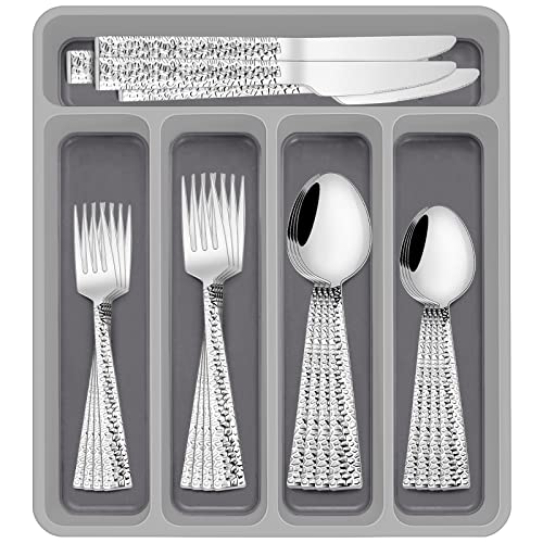 40-Piece Hammered Silverware Set with Organizer, Stainless Steel Sq...