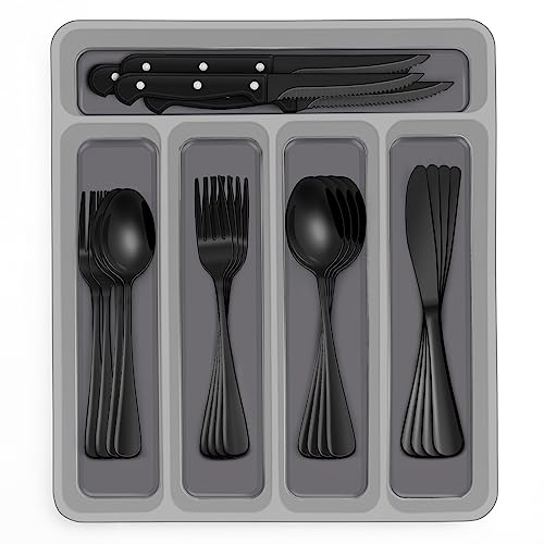 48-Piece Black Silverware Set with Organizer, Black Flatware Set wi...