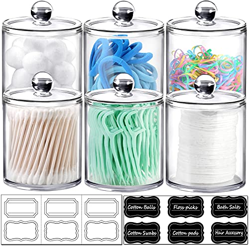 6 Pack of 12 Oz. Qtip Dispenser Apothecary Jars Bathroom with Label...