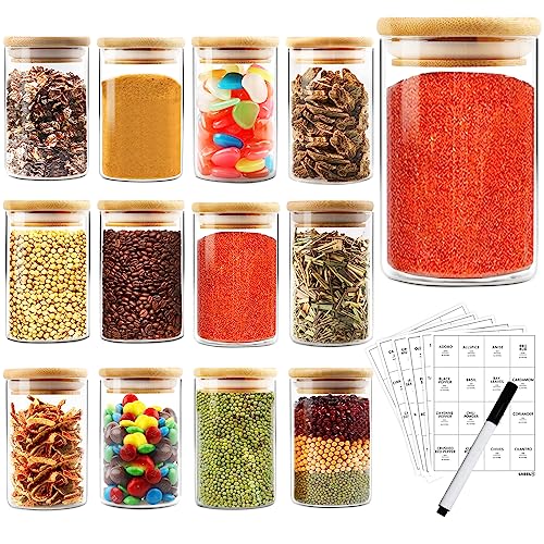 AISIPRIN 12 Pcs 8oz Spice Jars with Label,Bamboo Lids Glass Spice C...