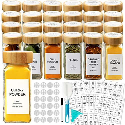 AISIPRIN 24 Pcs Glass Spice Jars with Bamboo Airtight Lids and 398 ...