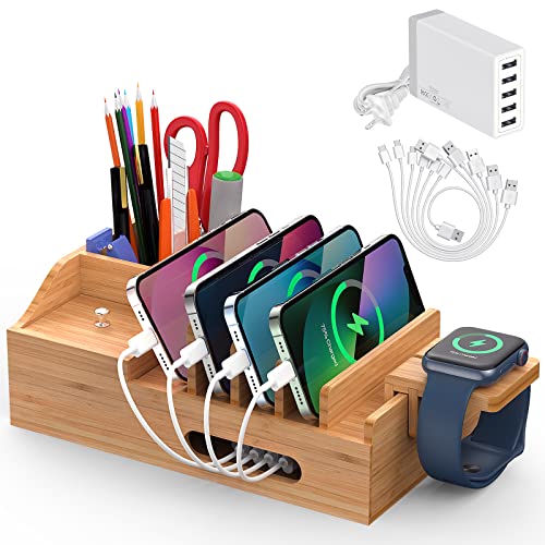 Bamboo Charging Station for Multiple Devices with 5 Port USB Charge...
