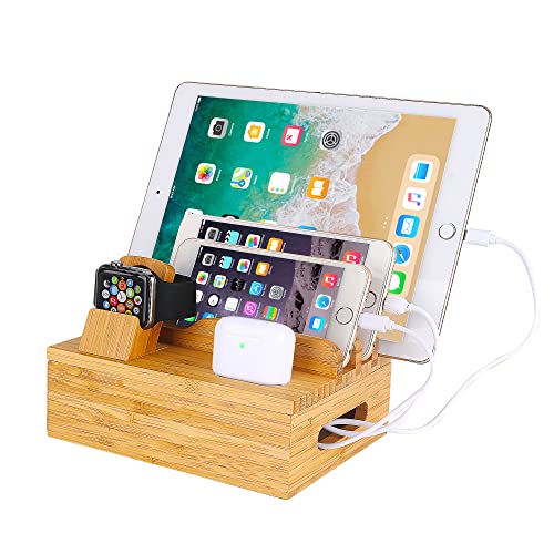 Bamboo Wood Desktop Organizer Charging Docking Station Charger Hold...