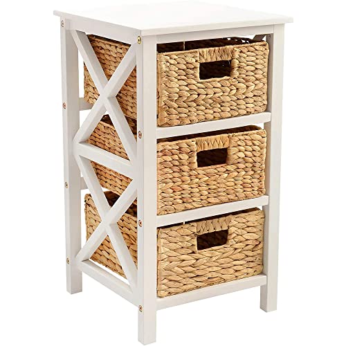 eHemco 3 Tier X-Side End Storage Cabinet with 3 Wicker Baskets, Whi...
