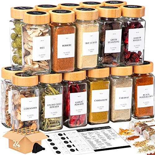 FINESSY Spice Jars With Label Bamboo Lid, 24 Pcs Seasoning Organize...