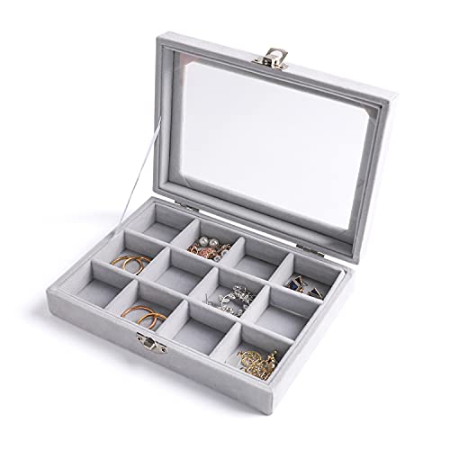 Frebeauty Jewelry Organizer Tray with Clear Lid,12 Grid Velvet Draw...