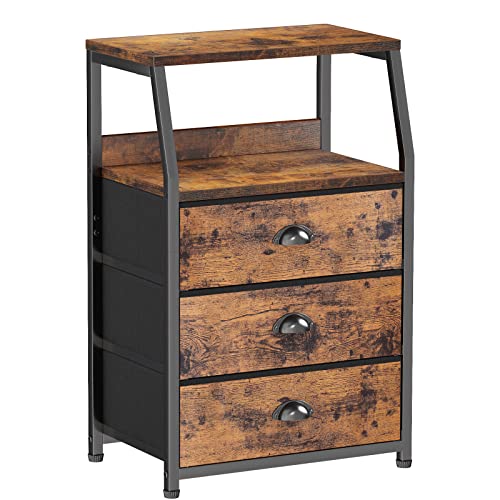 Furnulem Nightstand with 3 Drawers and 2-Tier Shelf, Fabric Small D...