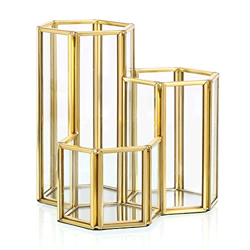 Hipiwe 3 Slots Glass Makeup Brush Holder - Gold Hexagon Cosmetics B...