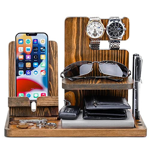 Homde Gifts for Men Solid Wood Phone Key Holder Wallet Stand Watch ...