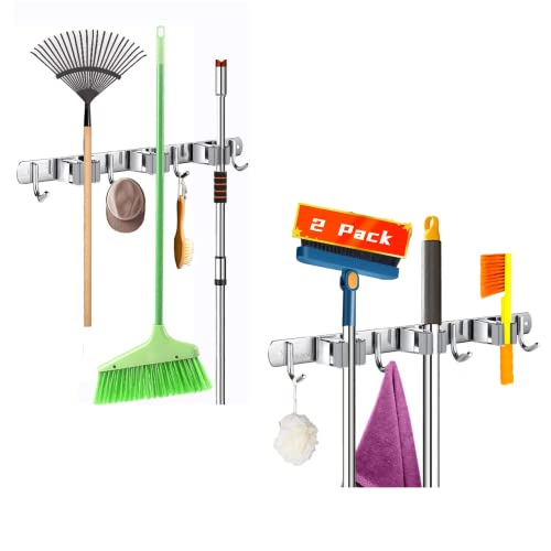 IELIO Pack Broom and Mop Holder Wall Mount with 4 Hooks 3 Racks, Or...