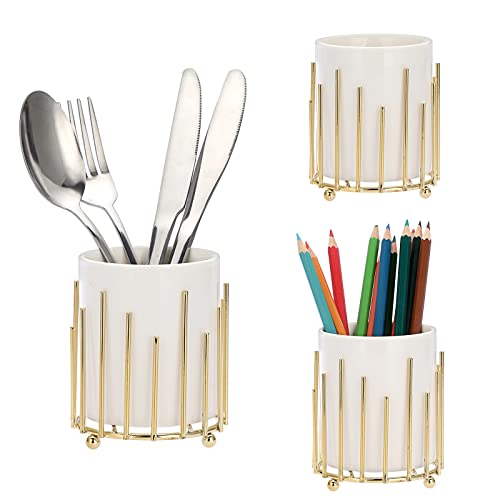 JUXYES Pack of 3 Ceramic Silverware Holder Table White Cutlery Hold...