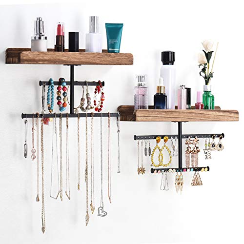 Keebofly Hanging Wall Mounted Jewelry Organizer with Rustic Wood Je...