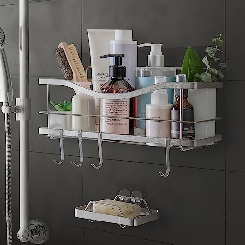 KINCMAX Shower Caddy Basket Shelf & Soap Dish Set (with Hooks)- Adh...