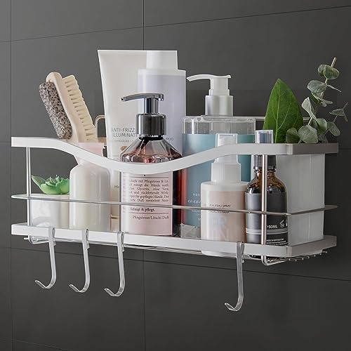 KINCMAX Shower Shelf - No Drill Self Adhesive Caddy with 4 Hooks - ...