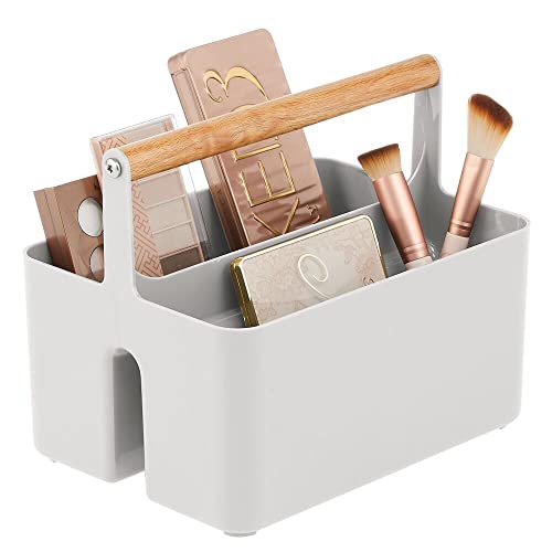 mDesign Plastic Divided Cosmetic Organizer Caddy Tote Bin with Bamb...