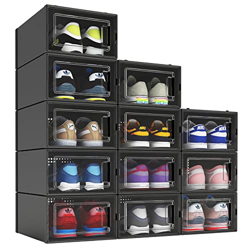 MELDEVO 12 Pack Shoe Organizer Boxes, Black Plastic Stackable Shoe ...