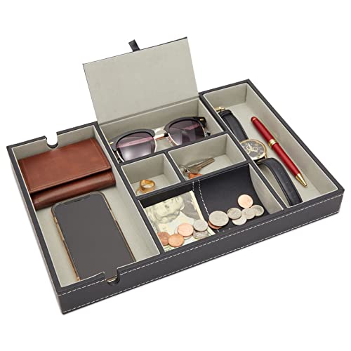 Mens Valet Tray, Nightstand Organizer with 6 Compartments for Phone...
