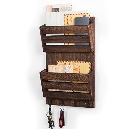 MOOACE Mail Organizer Wall Mount with Key Hooks, 2-Slot Wooden Mail...